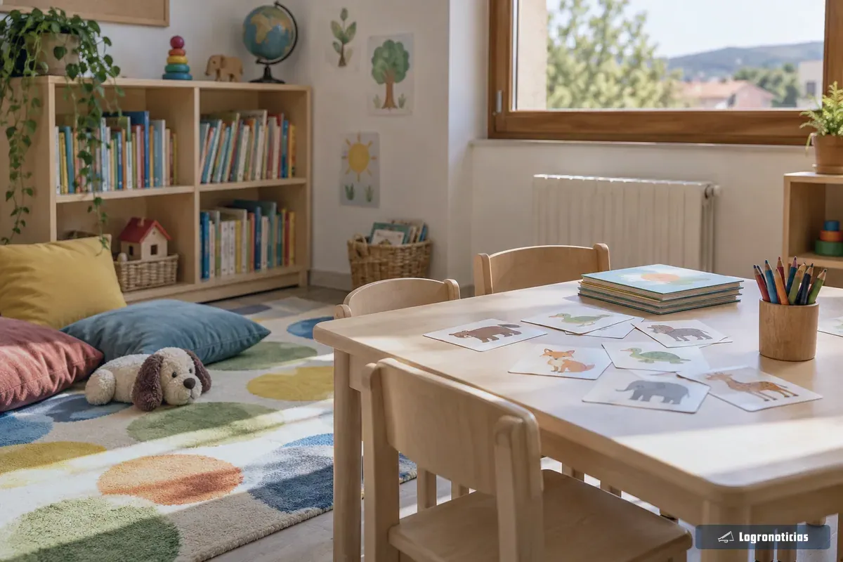 Rincón infantil de un aula de idiomas con alfombra de colores y tarjetas ilustradas
