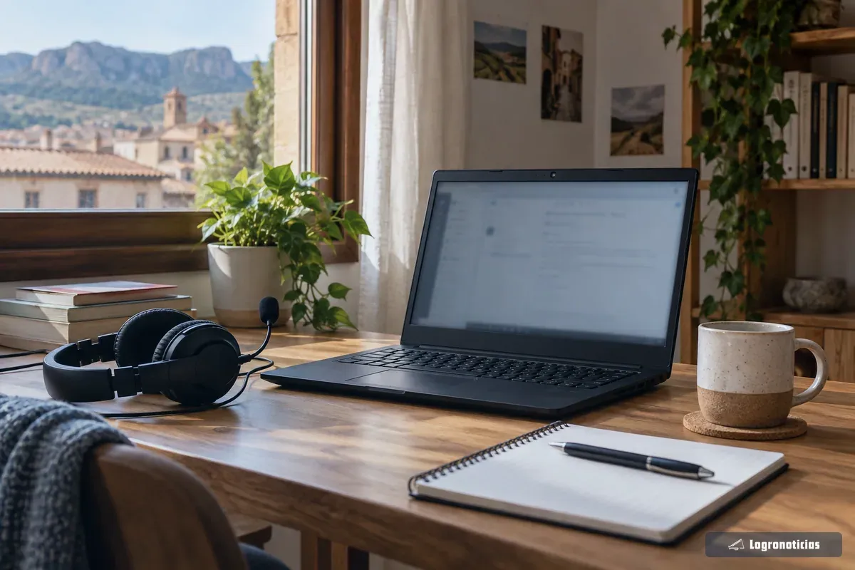 Portátil abierto con auriculares sobre una mesa durante una clase online