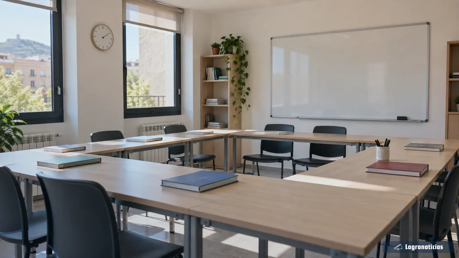 Aula luminosa con mesas en U y pizarra blanca