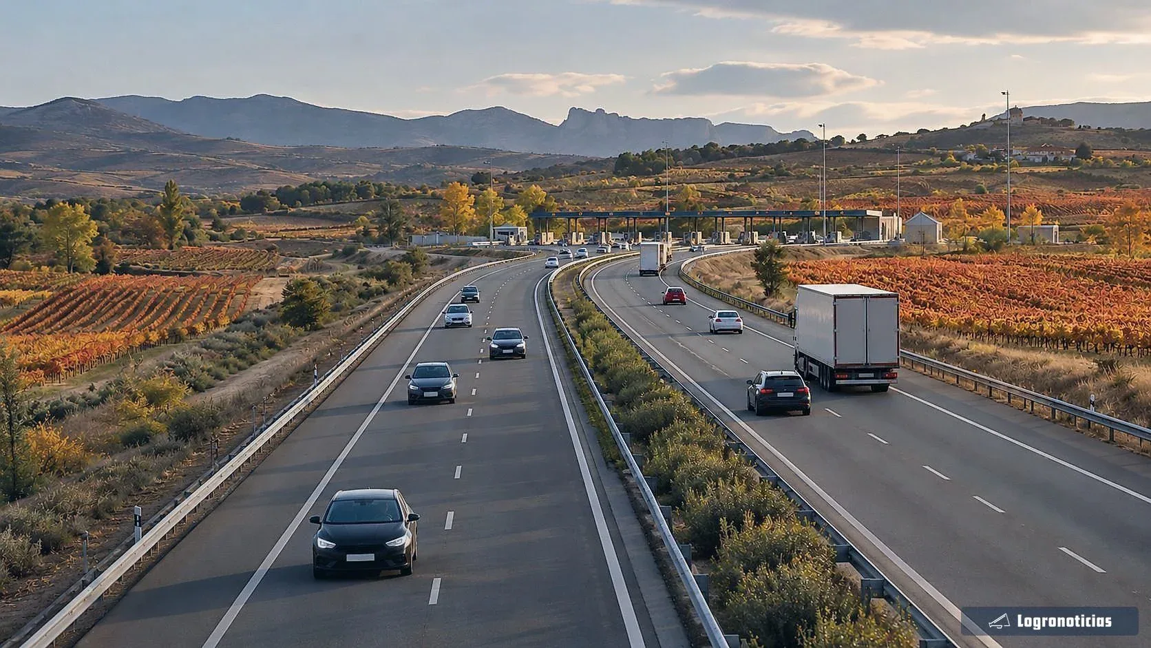 Autopista entre viñedos otoñales con una zona de peaje al fondo