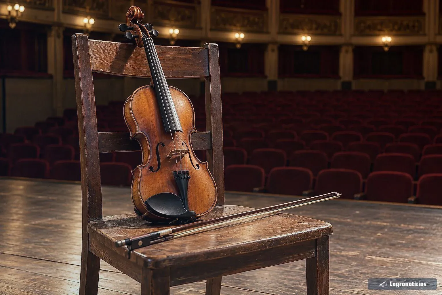 Violín y arco apoyados en una silla de madera sobre el escenario de un teatro