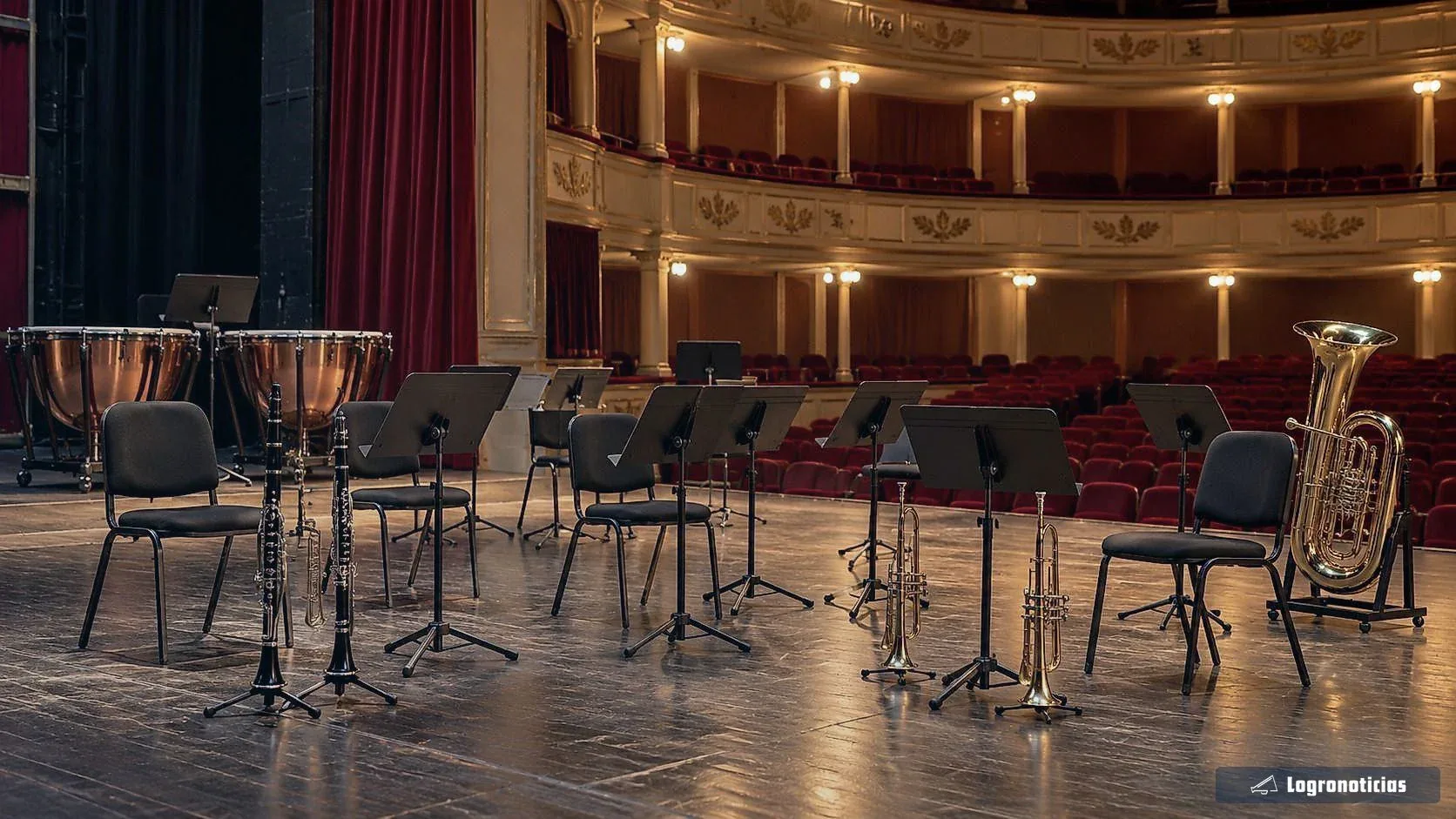 Atriles, timbales e instrumentos de viento sobre el escenario de un teatro clásico antes de un concierto