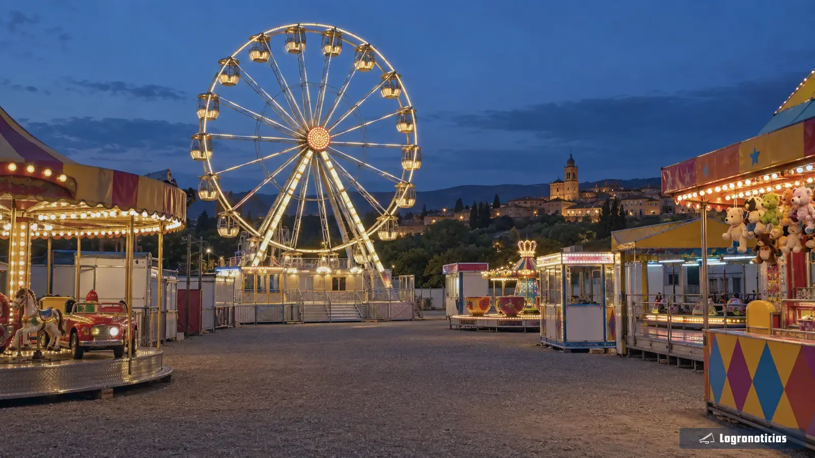 Noria y atracciones de feria iluminadas bajo un cielo azul nocturno