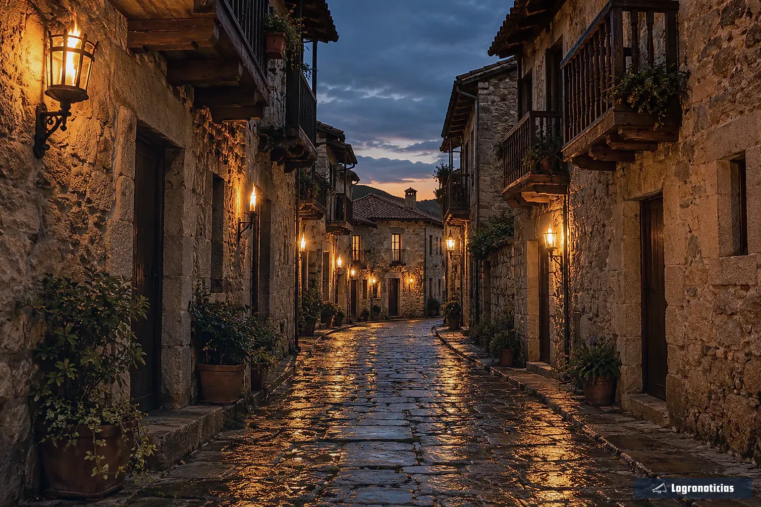 Calle empedrada iluminada con farolillos al anochecer