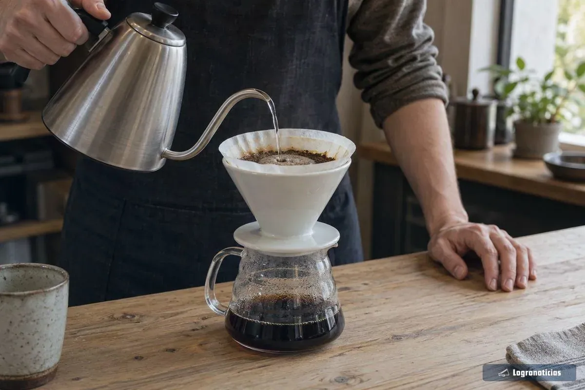 Manos de un barista vertiendo agua caliente sobre un filtro de café