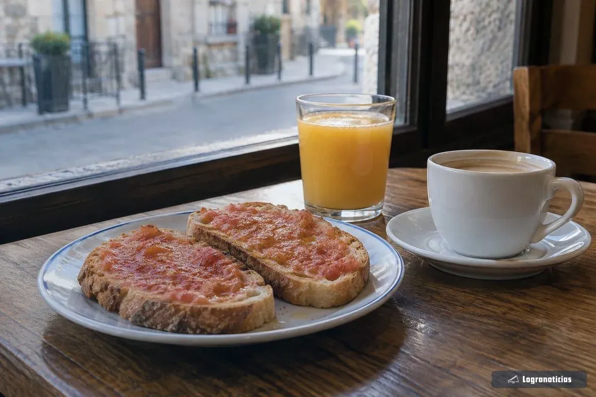 Mesa de madera con tostadas y café con leche junto a un ventanal
