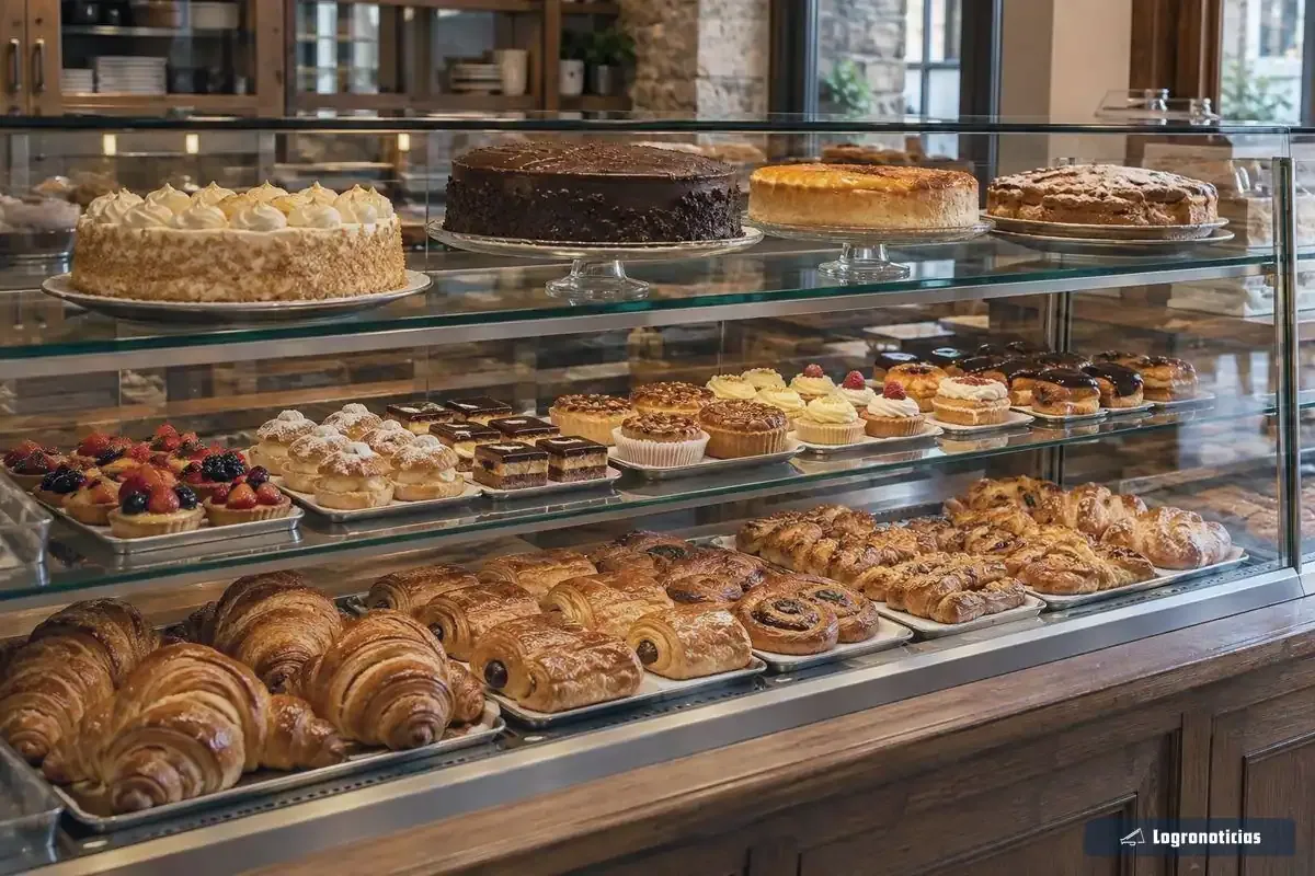 Vitrina de repostería con tartas, pasteles y bollería recién hecha
