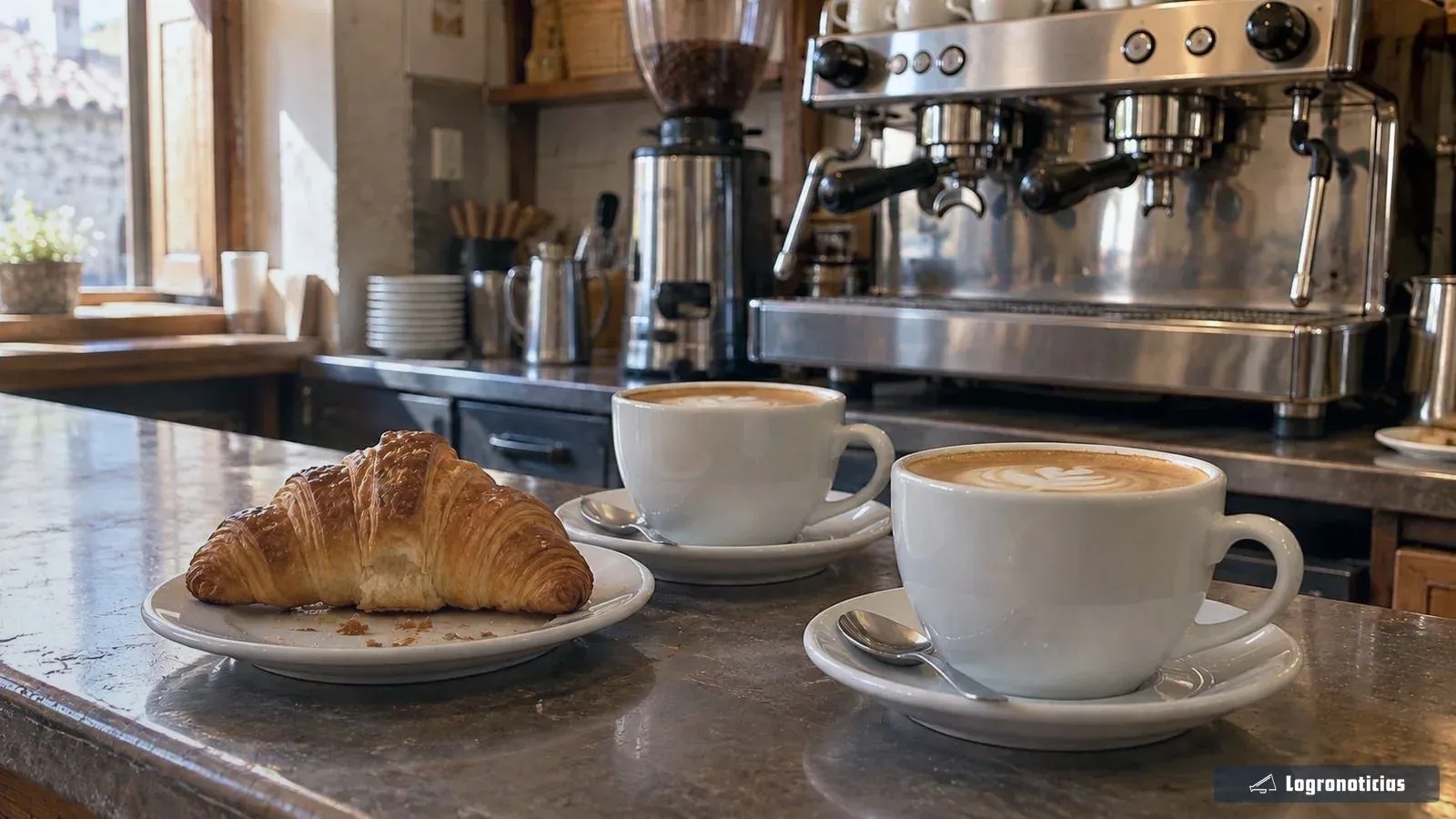 Dos cafés con leche y un croissant en la barra de una cafetería