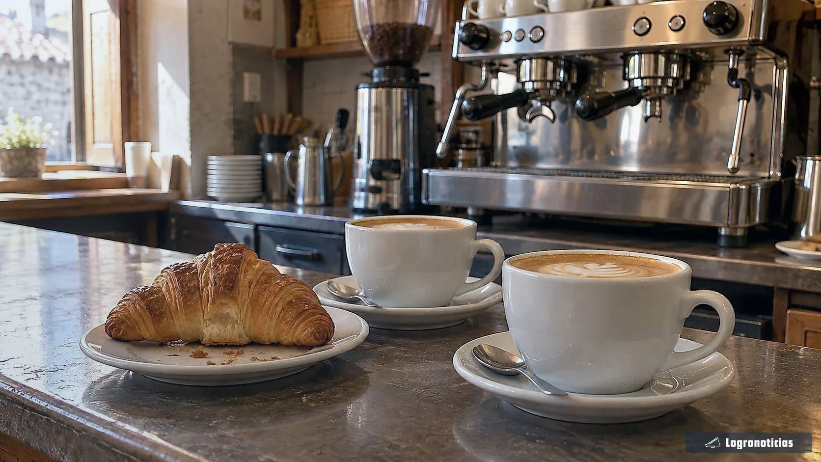 Dos cafés con leche y un croissant en la barra de una cafetería