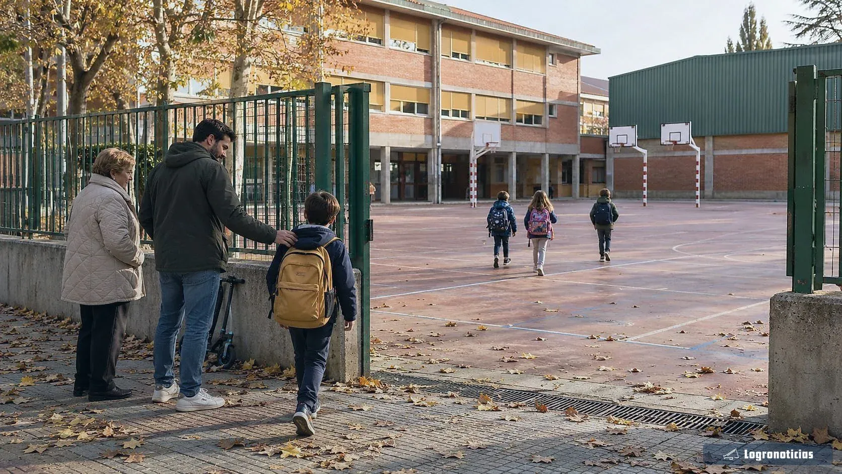Niño con mochila despidiéndose de su familia en la verja del colegio