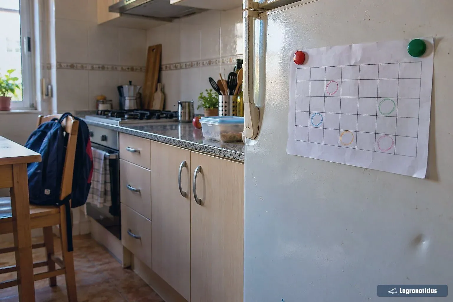 Calendario de papel con días marcados en la nevera de una cocina familiar