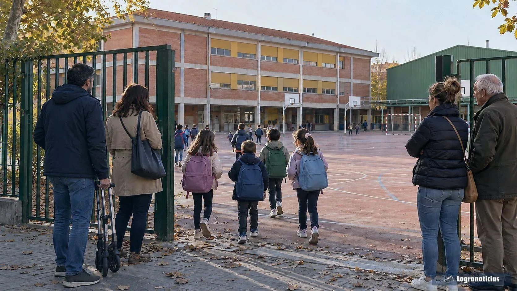 Niños con mochila entrando en el patio de un colegio una mañana de otoño