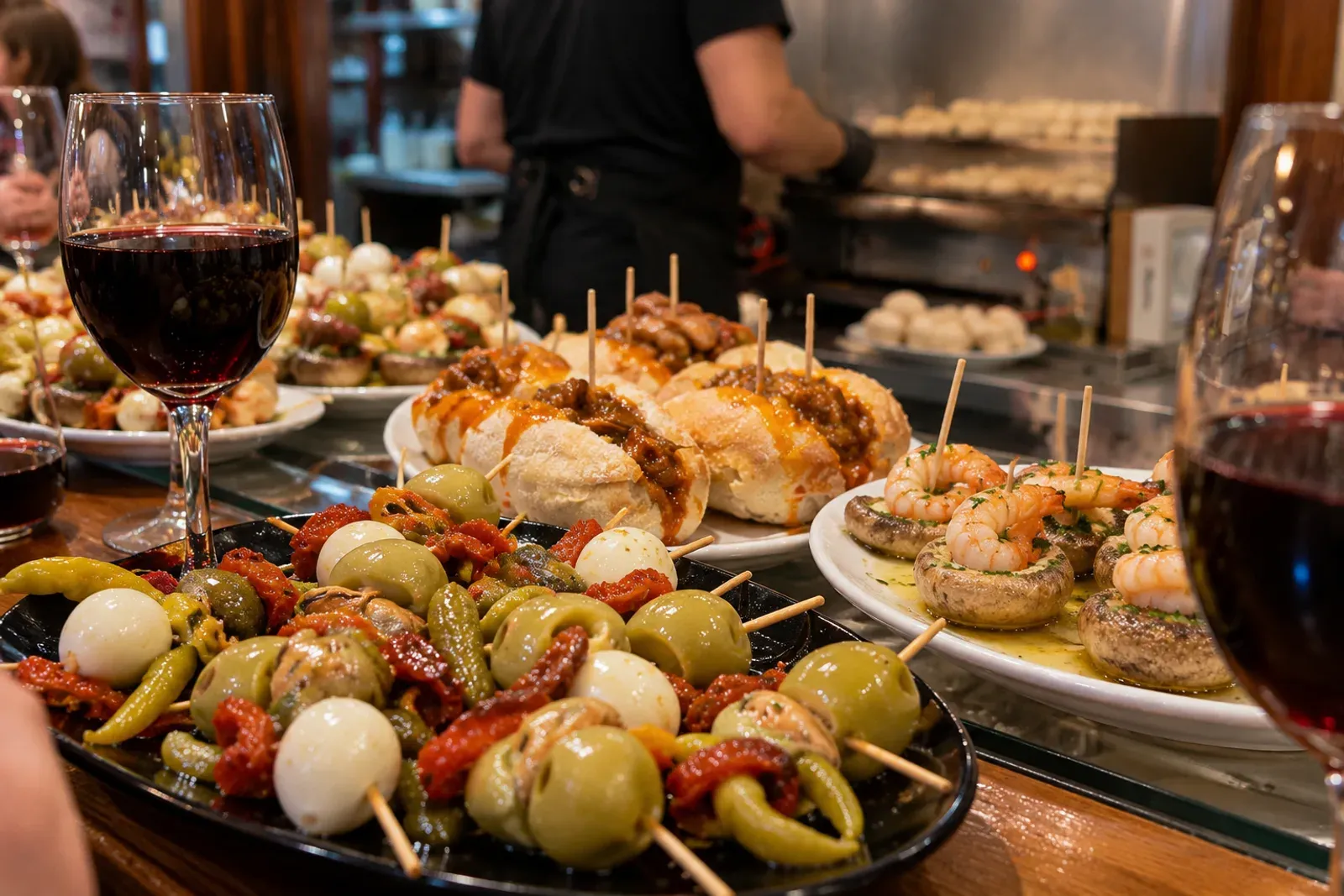 Barra de un bar de pinchos con banderillas, champiñones con gamba, bocatitas y copas de vino tinto