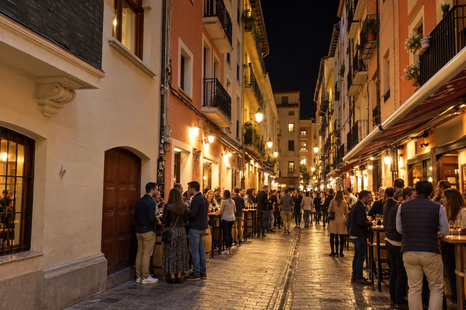 La calle Laurel de noche, con gente de pie junto a las barricas y la luz de los bares