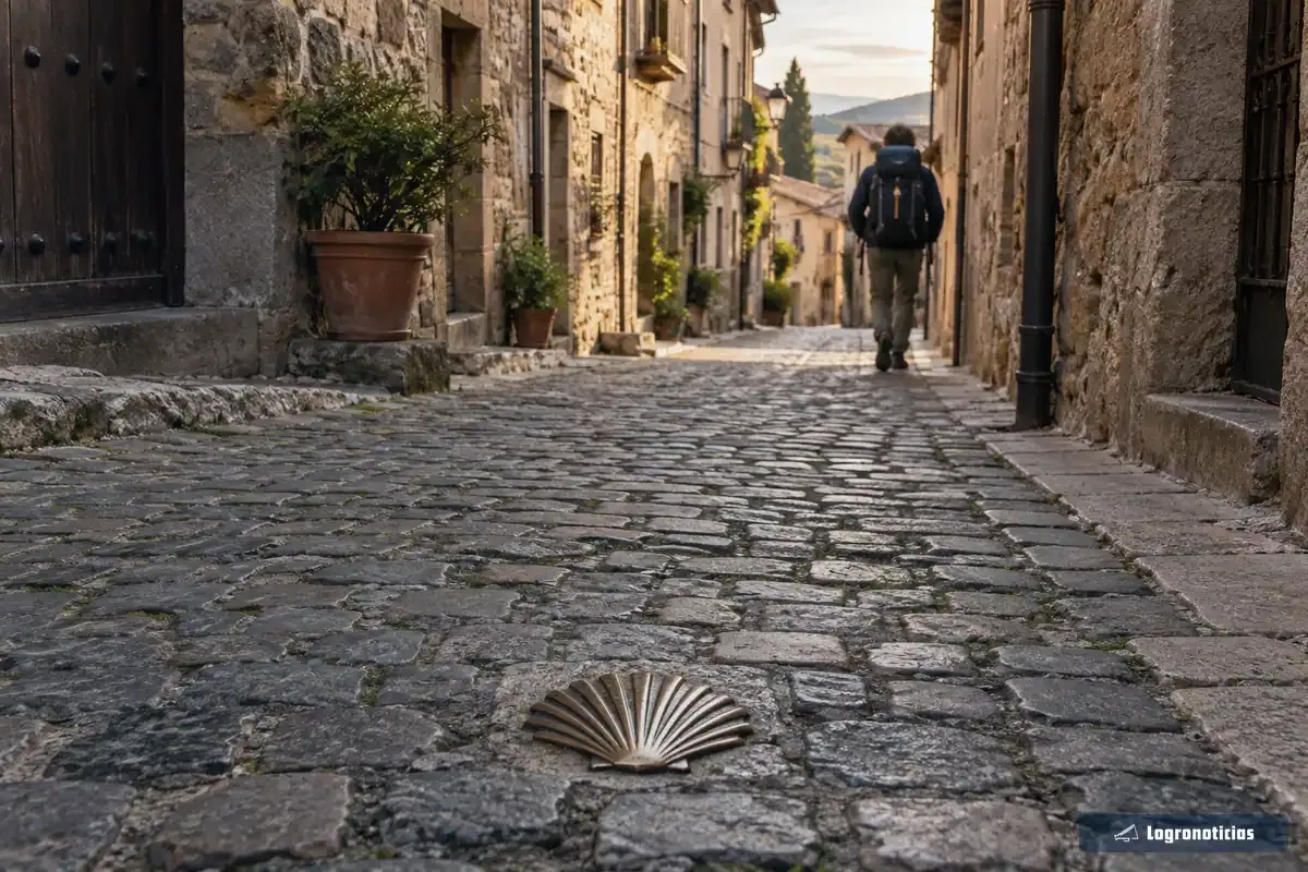 Calle adoquinada de un casco antiguo con una concha de bronce en el suelo