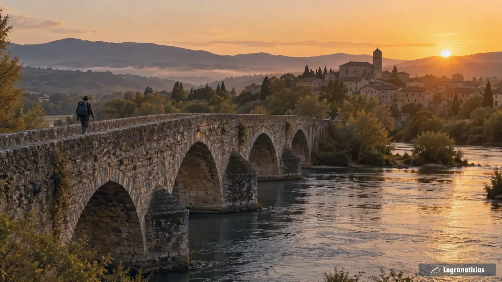 Caminante de espaldas cruzando un puente de piedra al amanecer