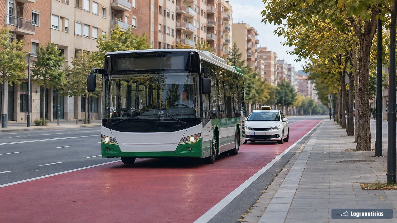 Autobús y taxi circulando por un carril rojo en una avenida