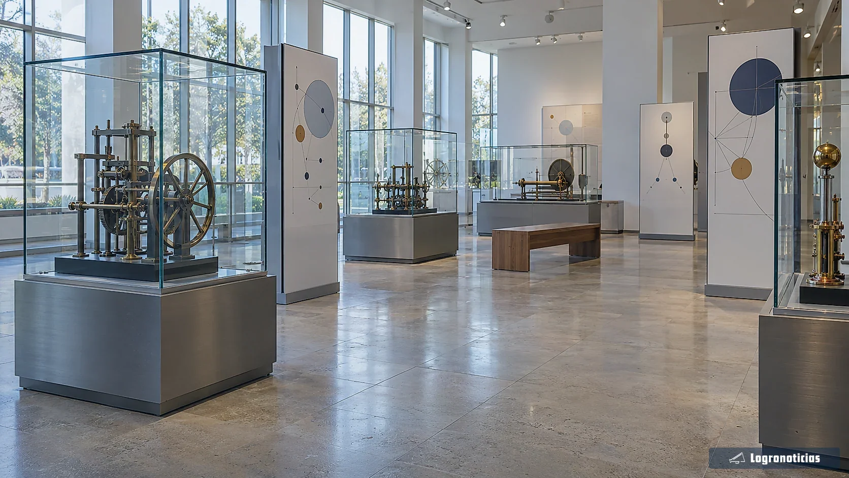 Sala de exposición científica con vitrinas, maquetas y paneles sin texto