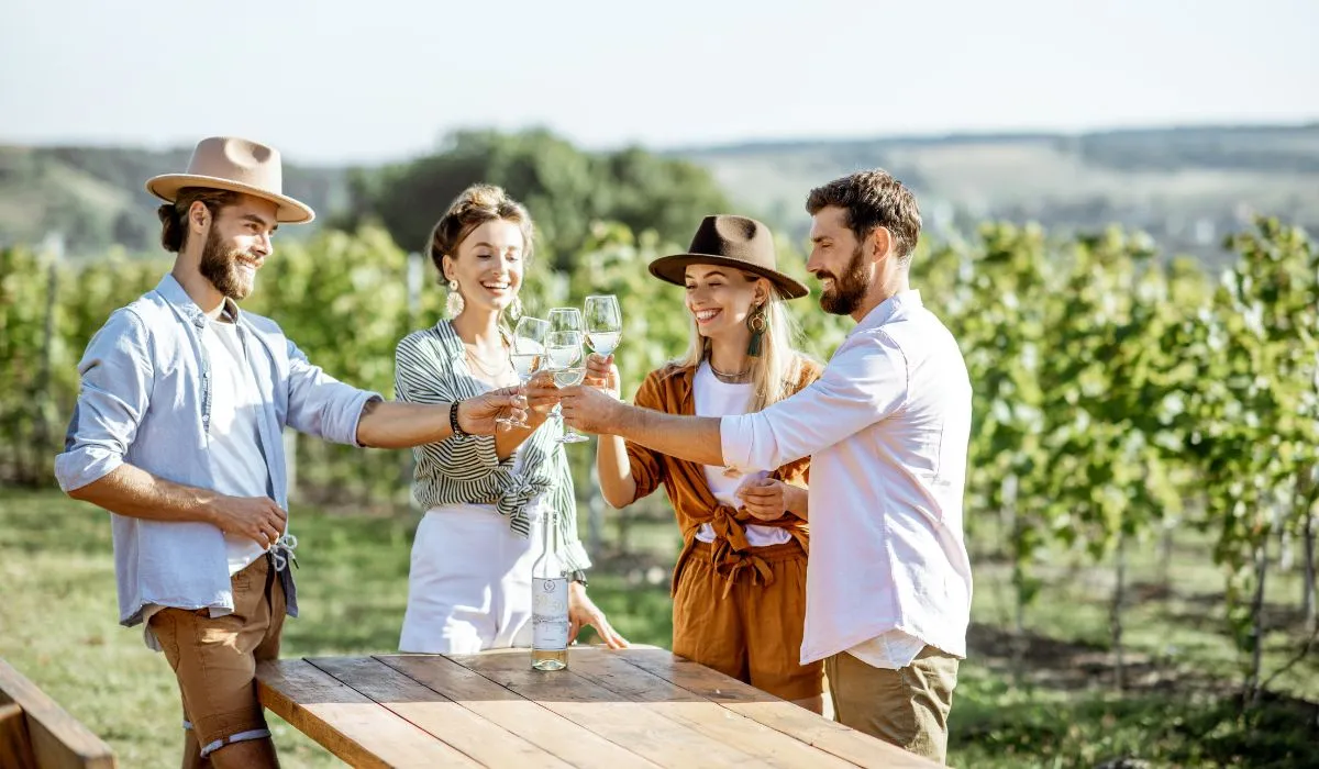 Cuatro amigos brindan con vino blanco junto a una mesa de madera entre viñedos