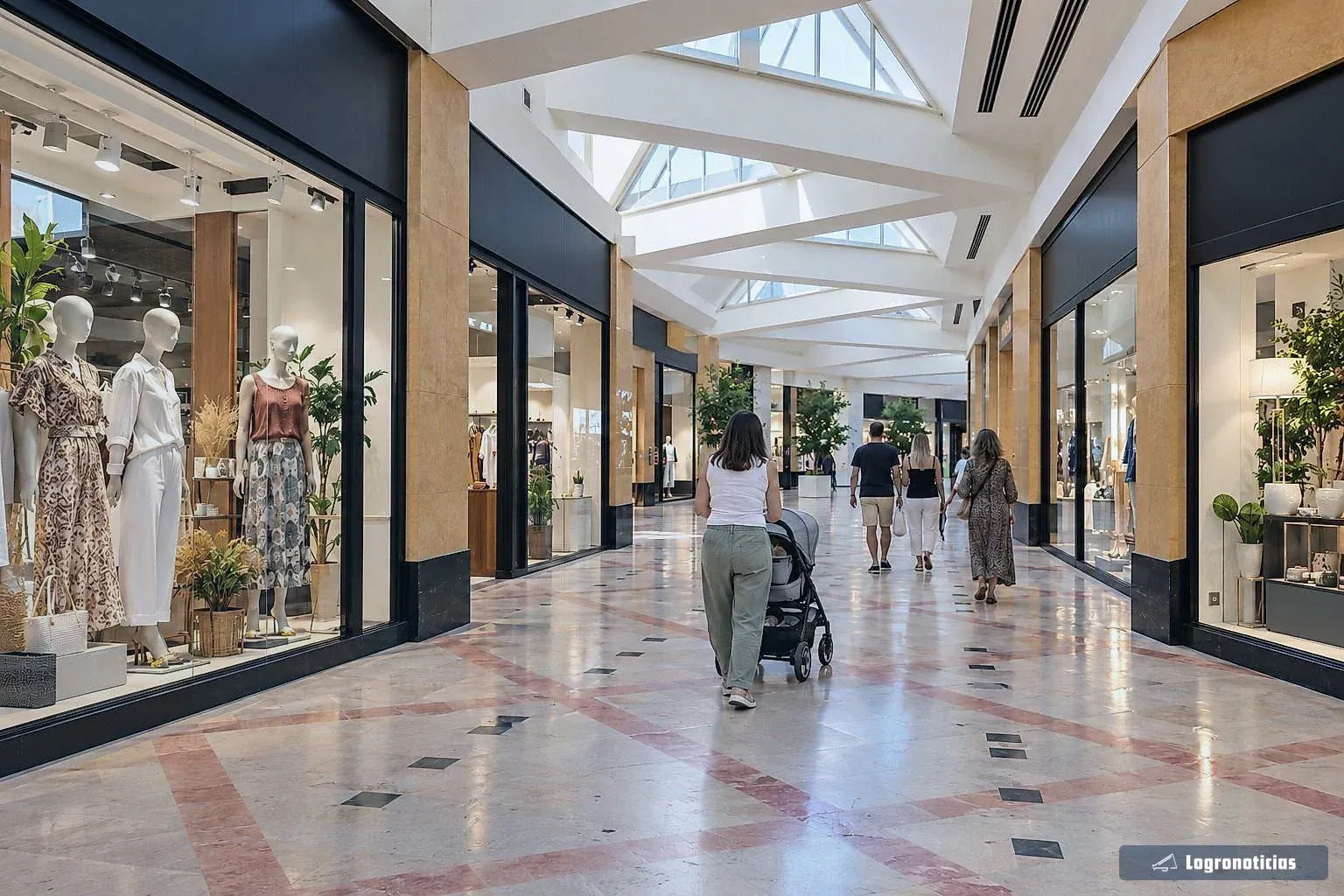 Galería interior de un centro comercial con escaparates y gente paseando