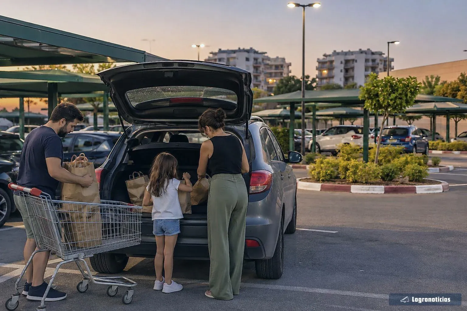Familia cargando bolsas en el maletero en el aparcamiento de un centro comercial