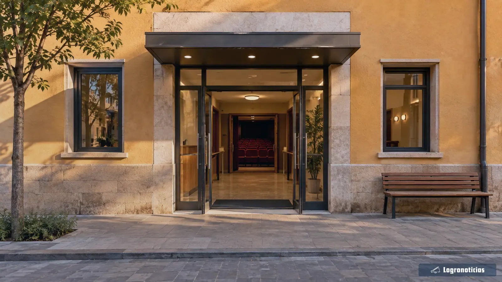 Entrada de cine con puertas abiertas y un banco exterior