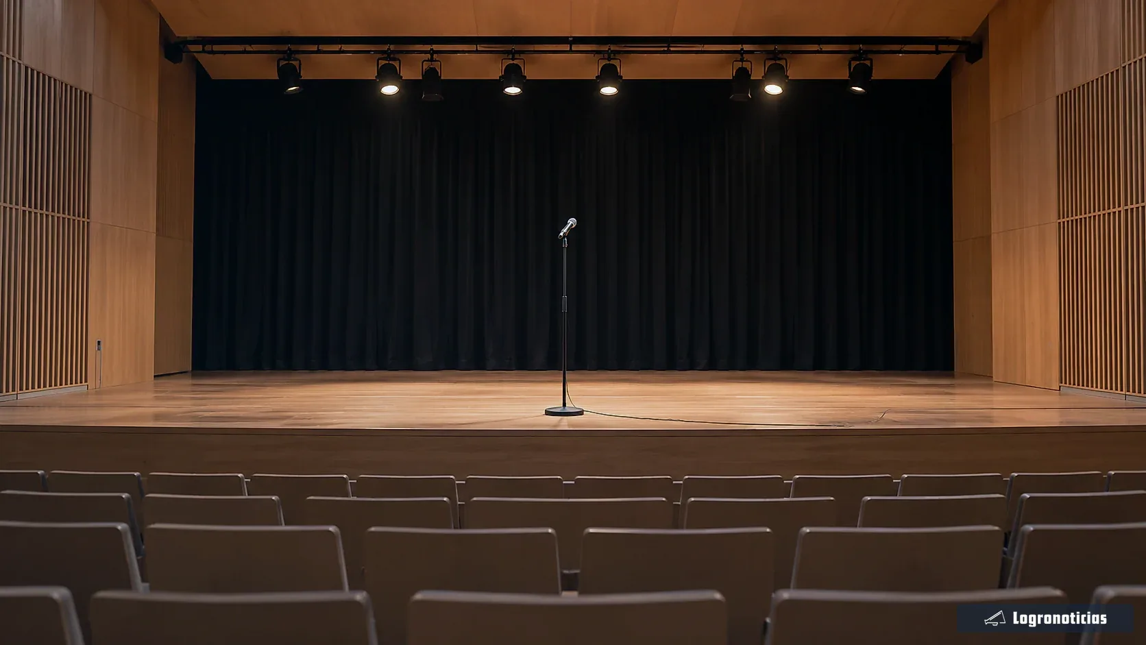 Auditorio vacío con un micrófono en el centro del escenario iluminado