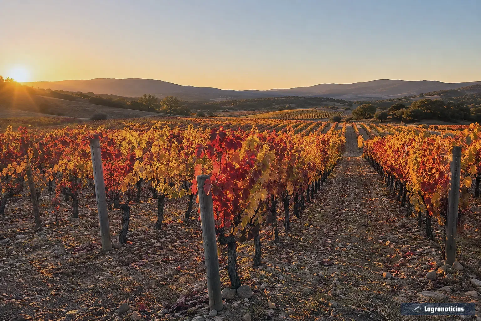 Viñedo en otoño con hojas rojas y amarillas