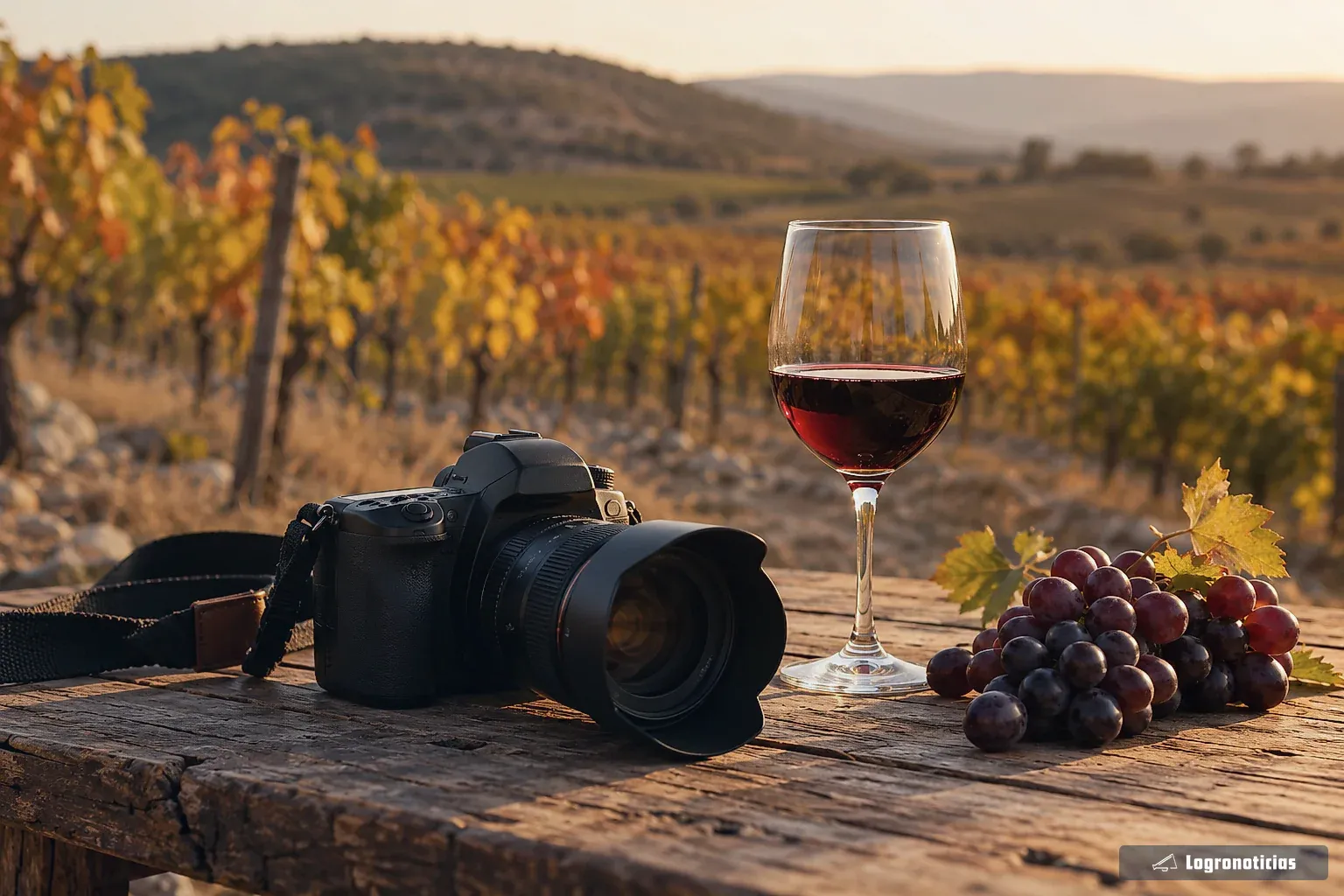 Cámara réflex junto a una copa de vino tinto