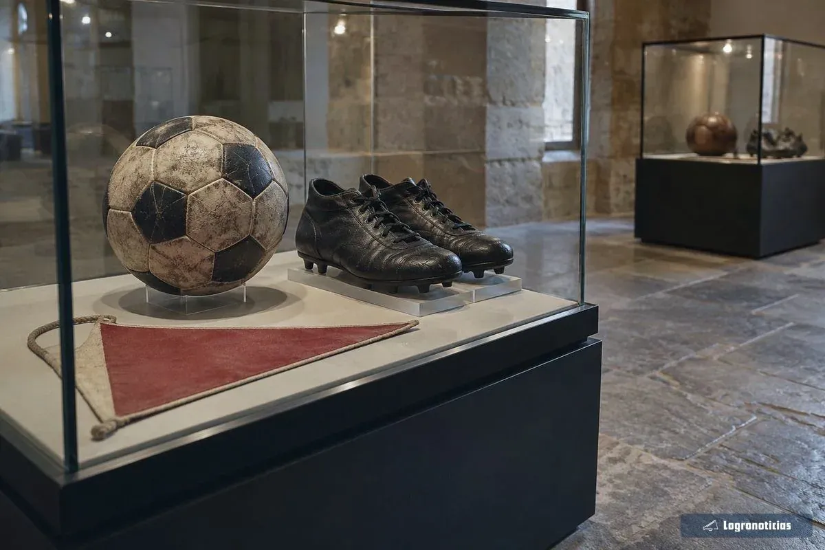 Balón antiguo, botas y banderín dentro de una vitrina iluminada