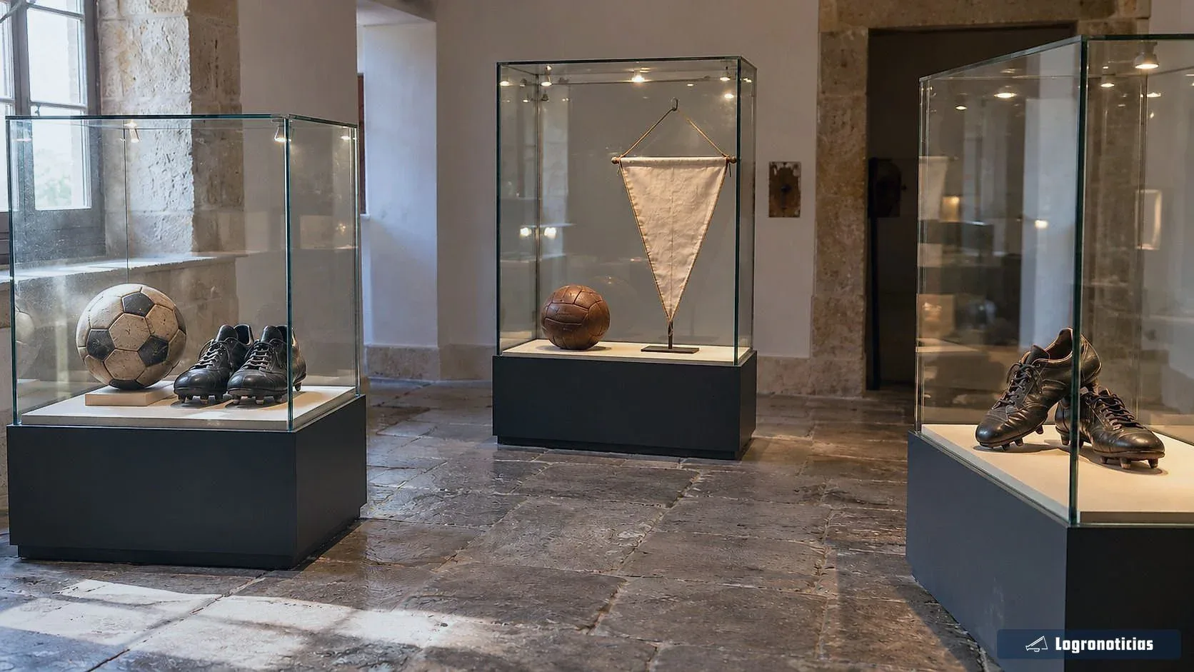 Vitrinas con balones, botas y un banderín de fútbol en una sala de exposiciones