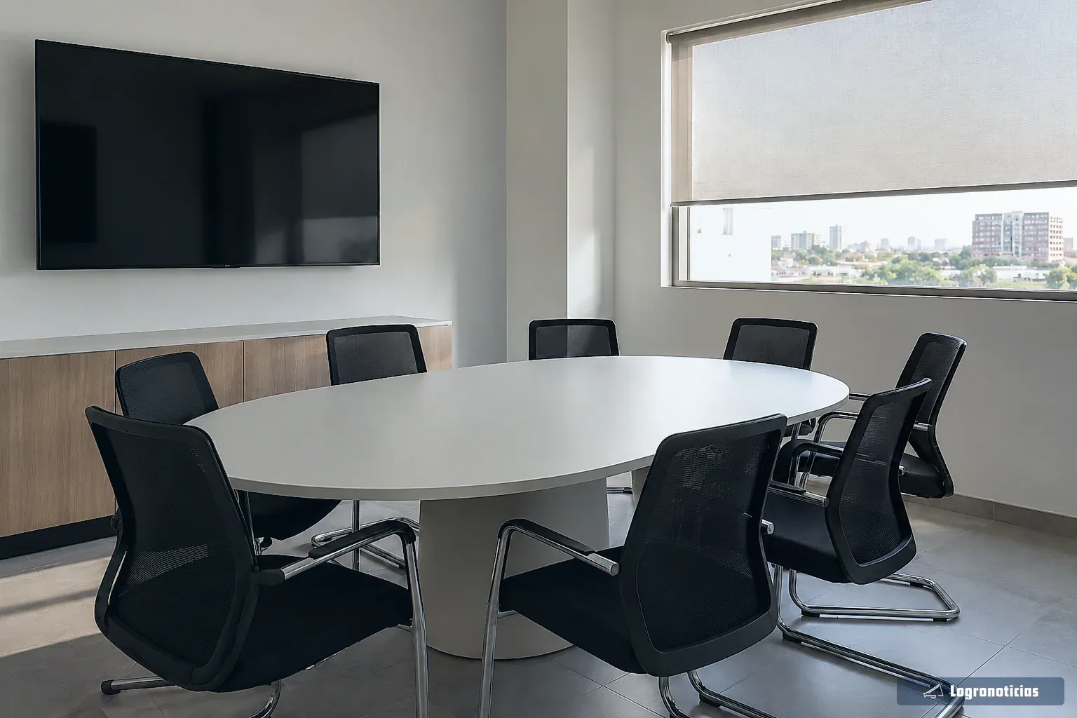 Sala de reuniones vacía con mesa ovalada, sillas y pantalla apagada