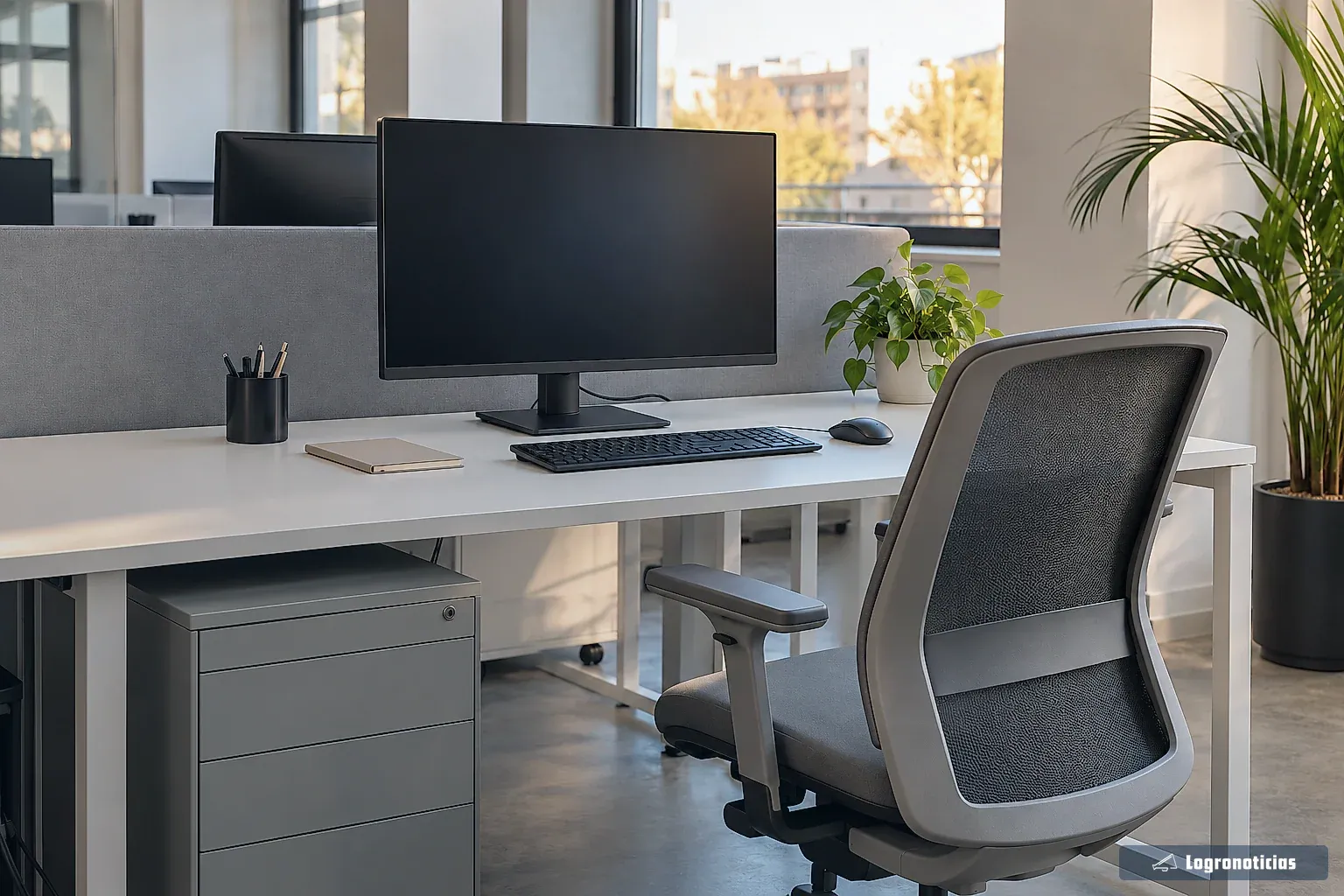 Puesto de trabajo individual con silla ergonómica, monitor apagado y cajonera