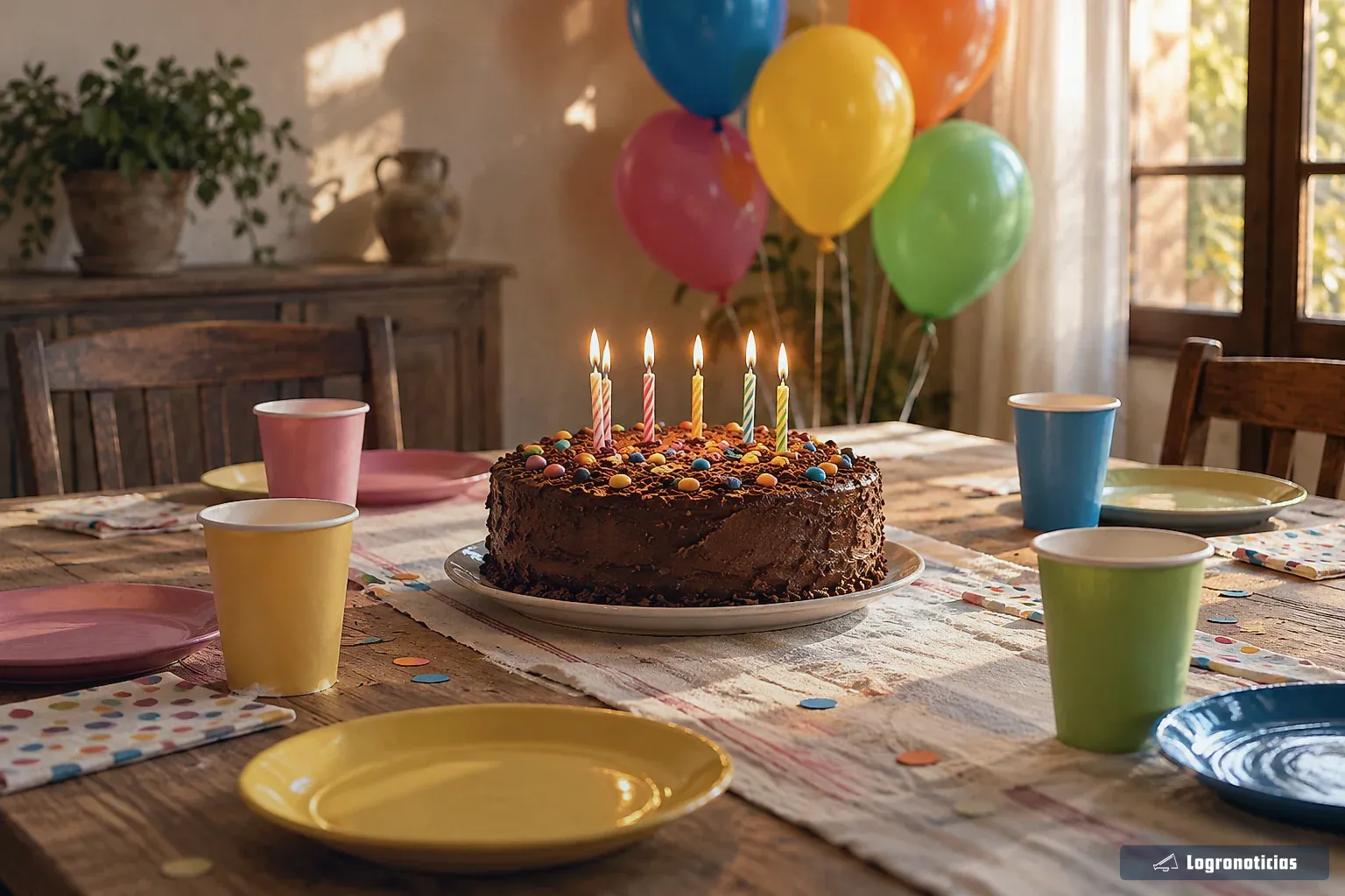 Mesa de cumpleaños con tarta, velas encendidas y globos de colores