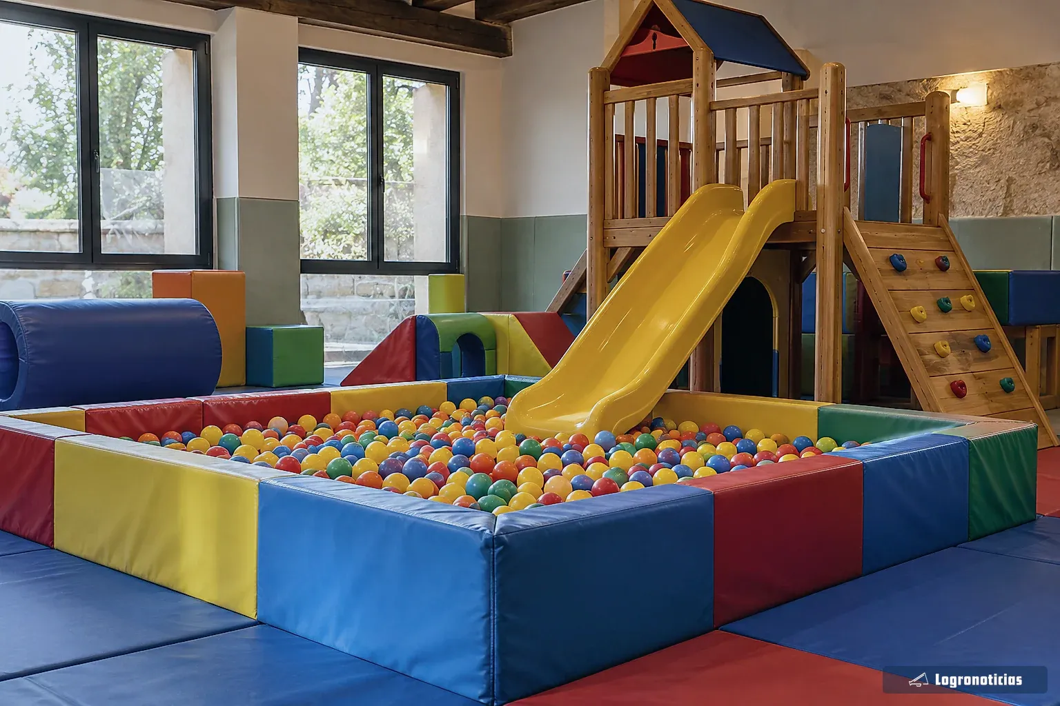 Sala de juegos infantil vacía con piscina de bolas de colores y tobogán