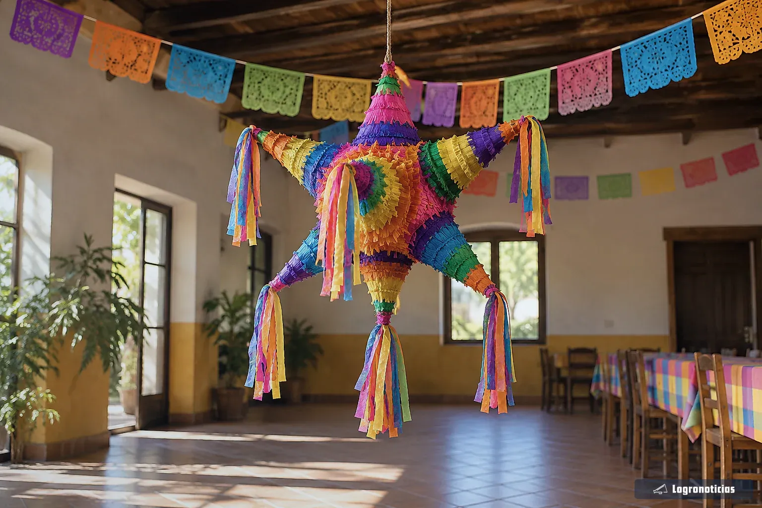 Piñata de colores colgada entre guirnaldas de banderines en un salón de fiestas