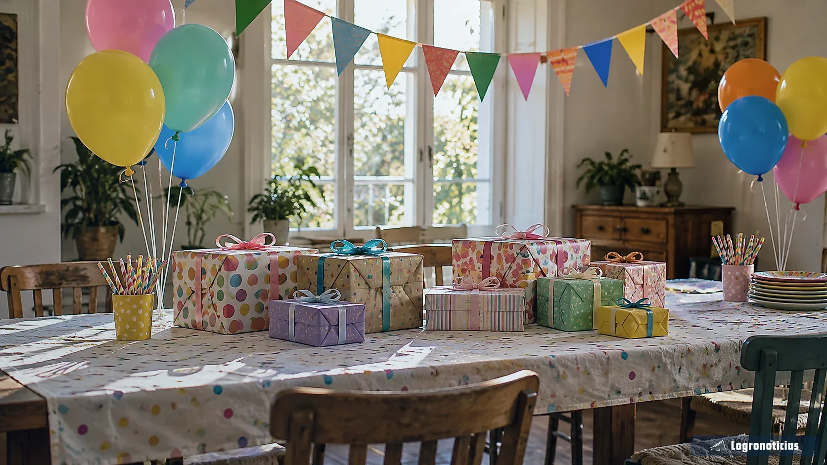 Regalos envueltos y globos junto a una mesa de fiesta