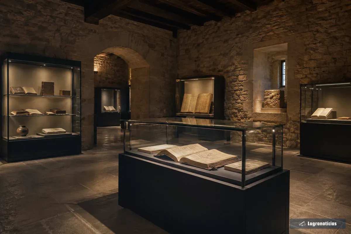 Sala de exposición en penumbra con vitrinas iluminadas y códices antiguos abiertos