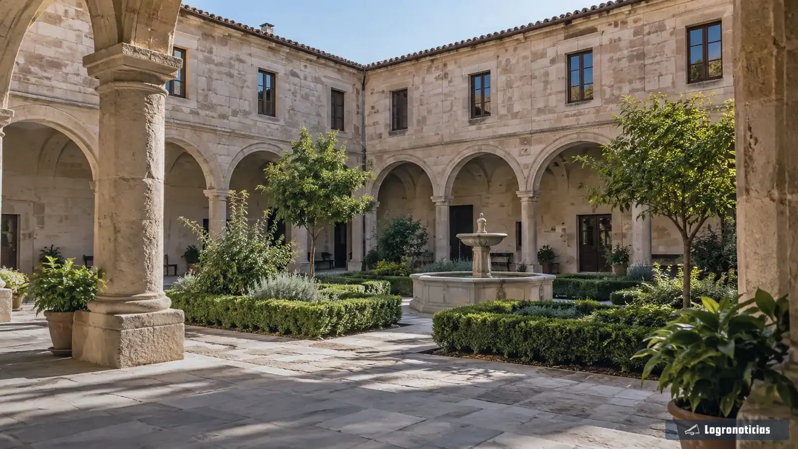Patio de piedra con arcos y jardín bajo luz natural