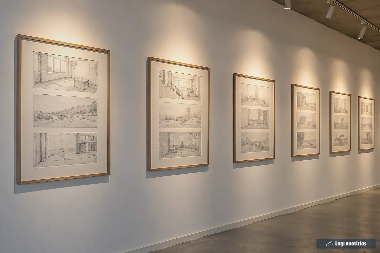 Dibujos a lápiz de viñetas de cine colgados en la pared de una sala