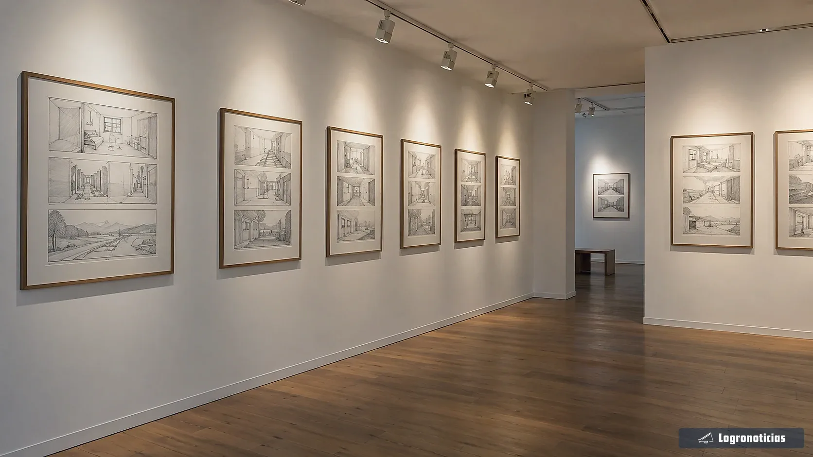 Sala de exposición con dibujos a lápiz enmarcados