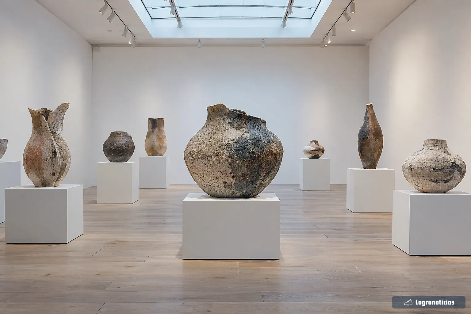 Sala de exposiciones con vasijas de cerámica sobre peanas blancas