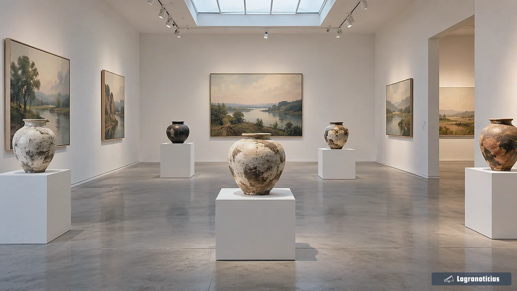 Sala de exposición con cerámicas y paisajes sobre paredes blancas