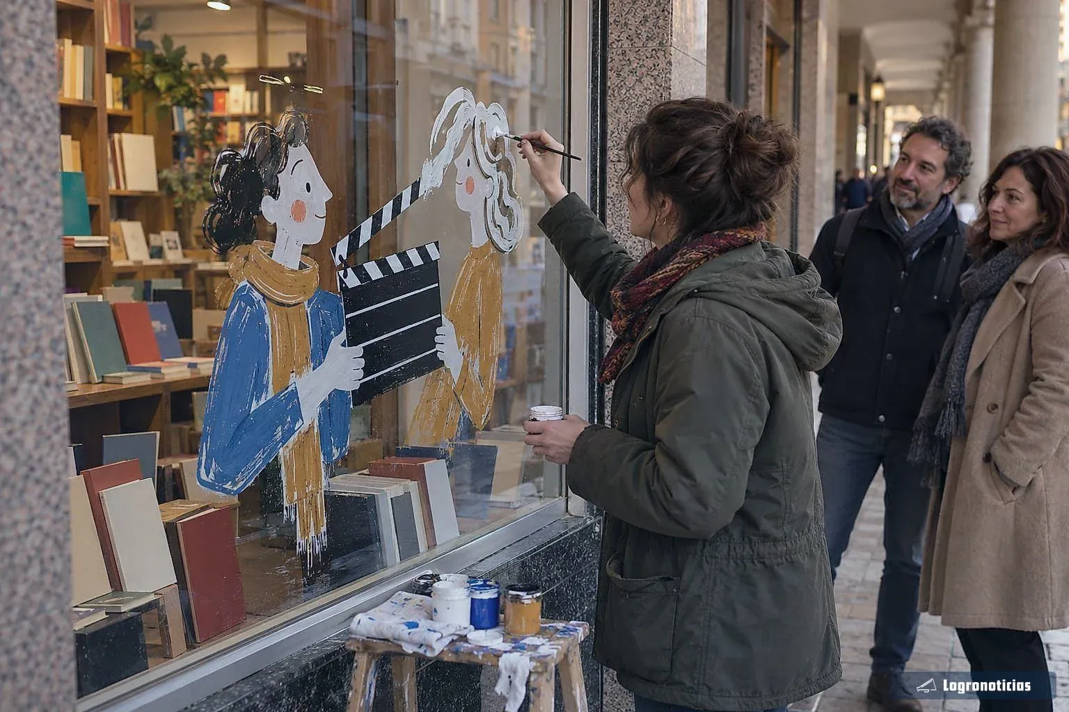 Ilustradora dibujando una escena de cine sobre un cristal mientras dos personas miran