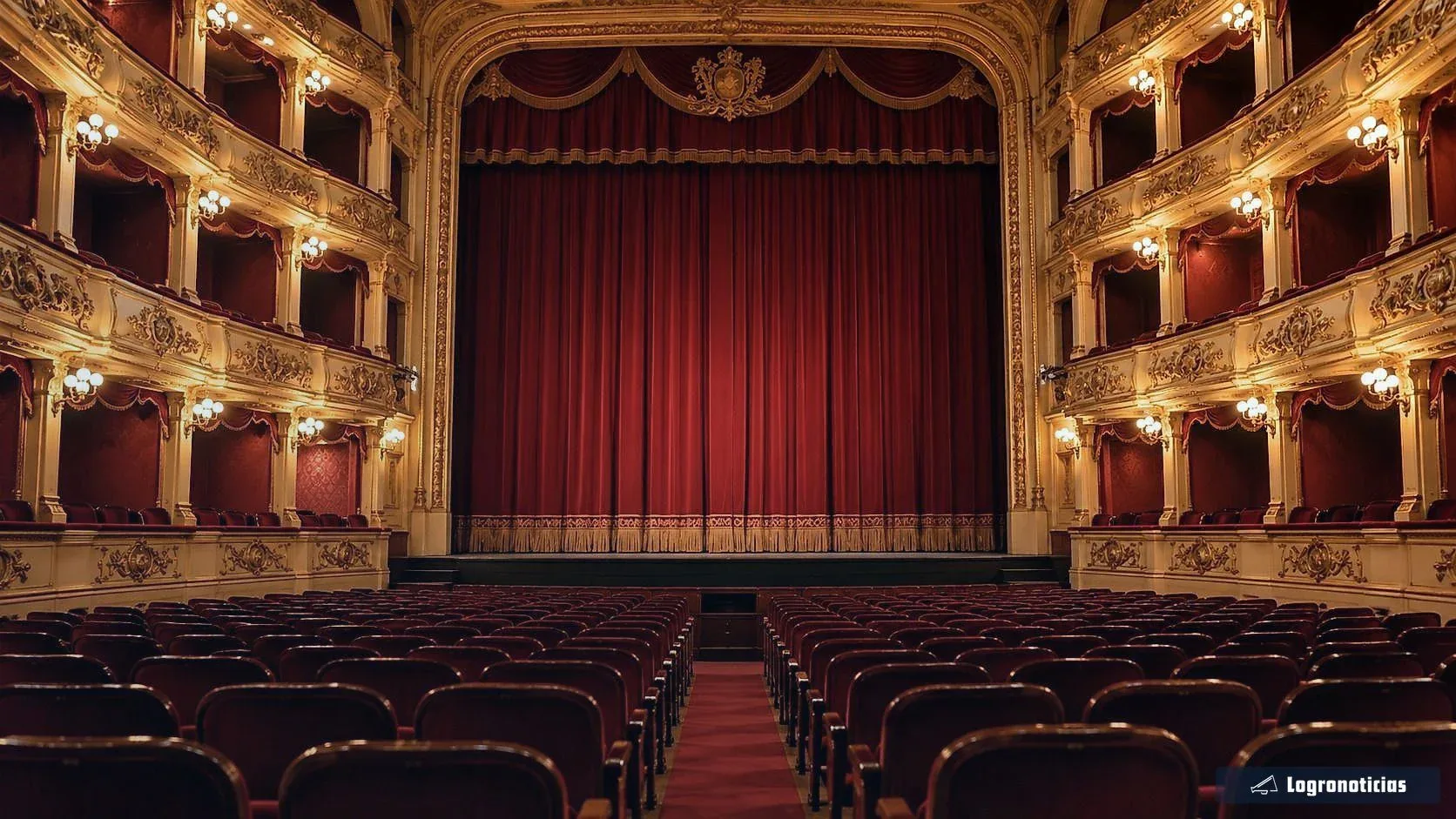 Butacas vacías y palcos dorados frente al telón rojo de un teatro