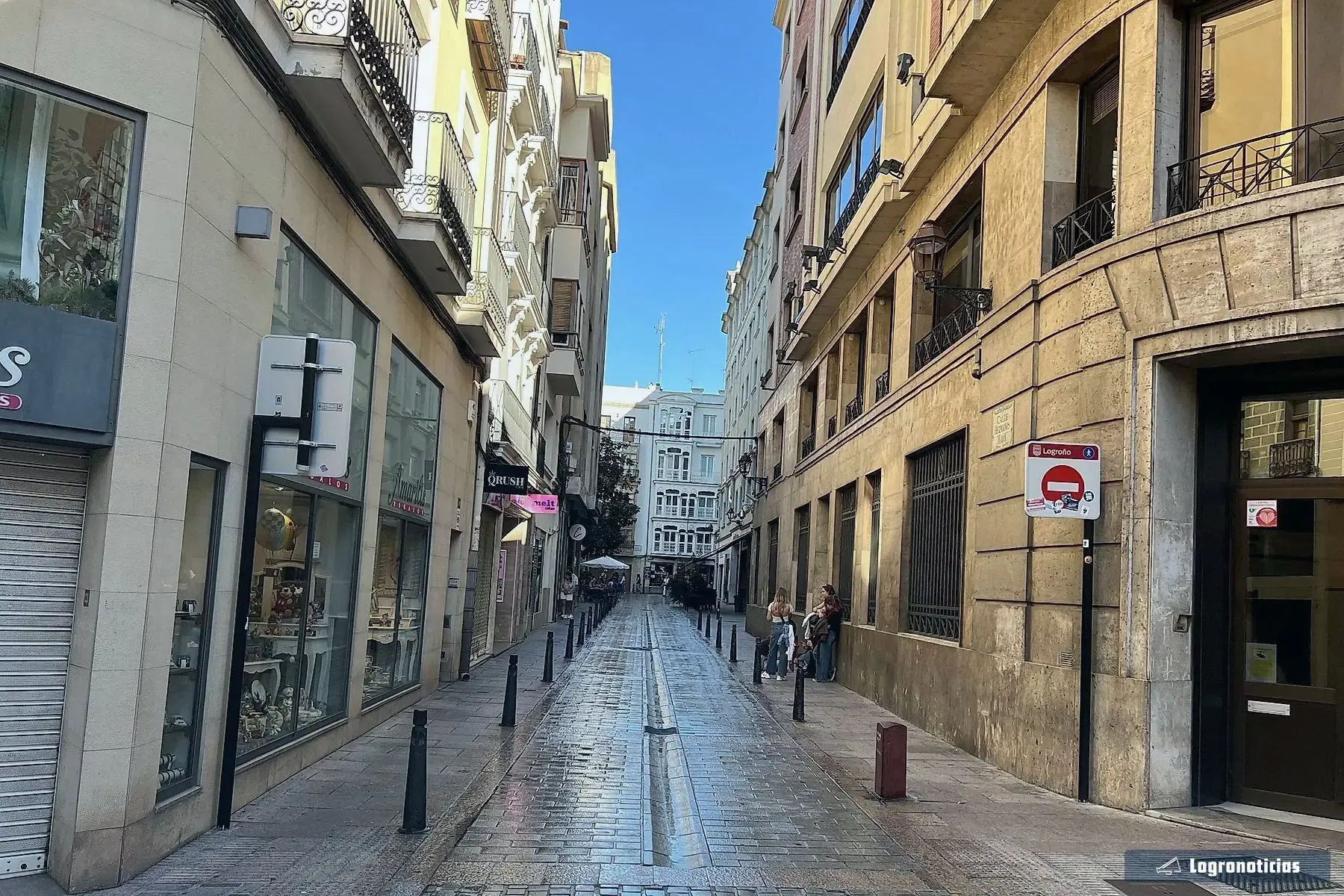 Calle comercial del centro de Logroño con alguna persiana bajada