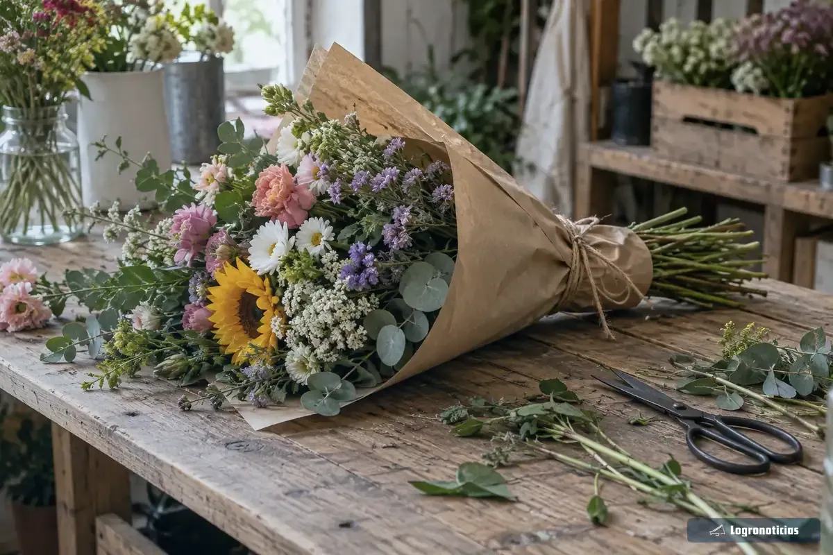 Manos de una florista atando un ramo envuelto en papel kraft