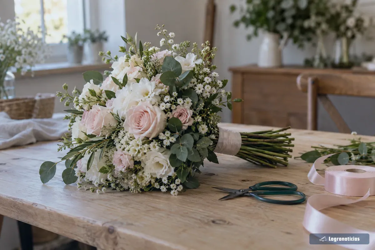 Ramo de novia de tonos claros sobre una mesa de madera con tijeras de florista