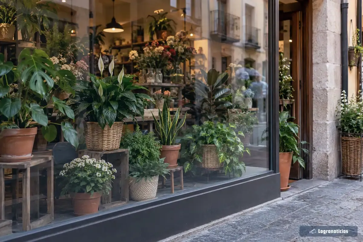 Escaparate de una floristería con plantas de interior en macetas de barro