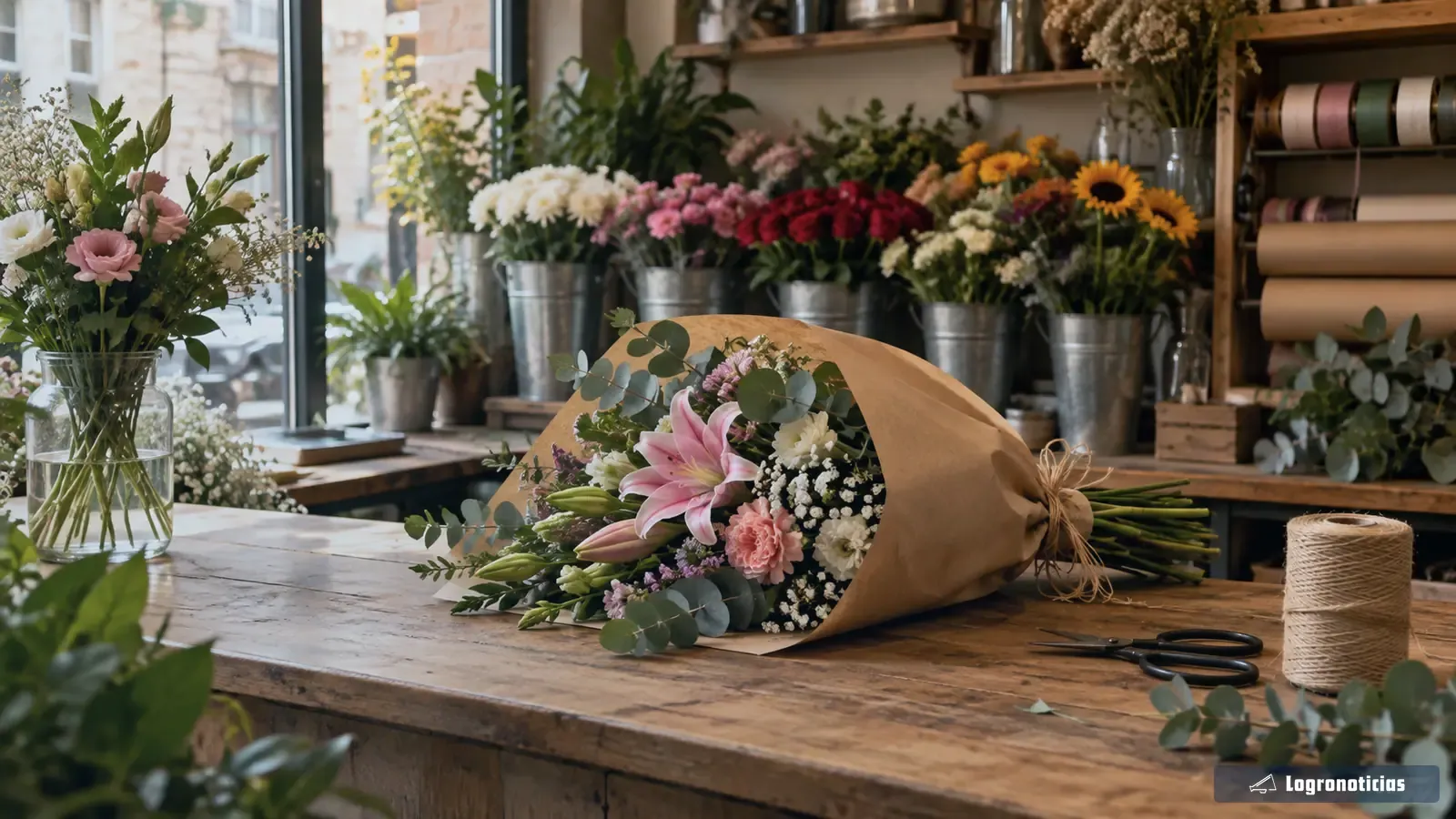 Mostrador de floristería con ramo y cubos de flores